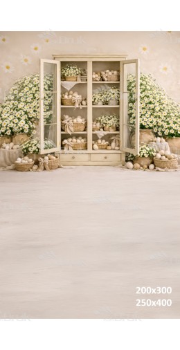 Tło fotograficzne „Biała witryna z jajkami i rumiankami” | E849